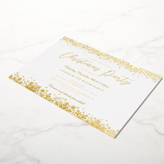 Elegantes White Gold Snowflake Weihnachts-Party Folieneinladung (Gedreht)