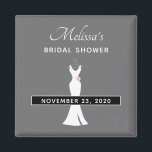 Elegantes White Gown on Gray - Stilvolles Brautpar Magnet<br><div class="desc">Brautparty speichert den Datums-Magneten mit einem klassisch grauen Hintergrund. Eine grafische Abbildung eines eleganten weißen Gewindels,  das an einem Kleiderbügel hängt. Das einfache minimalistische Design.</div>