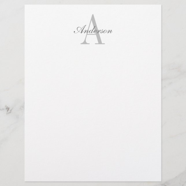Elegantes White & Gray Monogramm Briefbogen (Vorderseite)