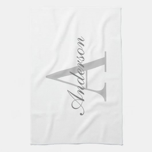 Elegantes White & Gray Monogramm Geschirrtuch (Vertikal)