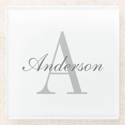 Elegantes White & Gray Monogramm Glasuntersetzer (Vorderseite)