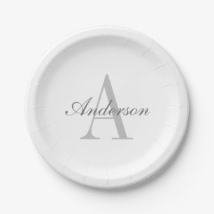 Elegantes White & Gray Monogramm Pappteller