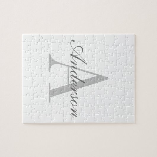 Elegantes White & Gray Monogramm Puzzle (Horizontal)
