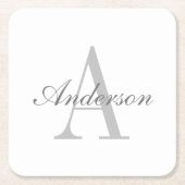 Elegantes White & Gray Monogramm Rechteckiger Pappuntersetzer (Vorderseite)