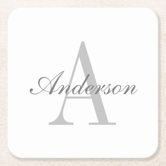 Elegantes White & Gray Monogramm Rechteckiger Pappuntersetzer (Vorderseite)