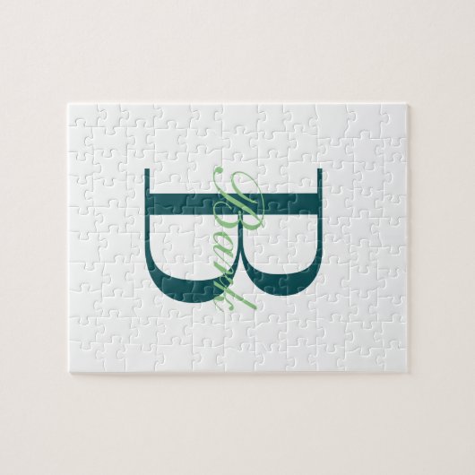 Elegantes White & Green Monogramm Puzzle (Horizontal)
