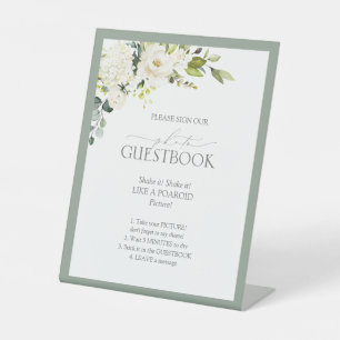 Elegantes White Grey Green Floral Foto Gästebuch P Sockelschild