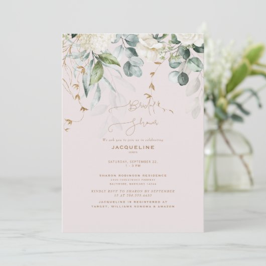 Elegantes White Hydrangea Blush Brautparty Einladung (Stehend Vorderseite)