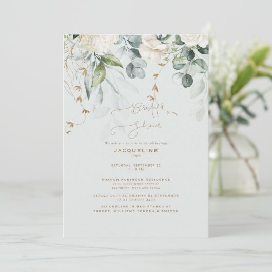 Elegantes White Hydrangea Light Sage Brautparty Einladung (Stehend Vorderseite)