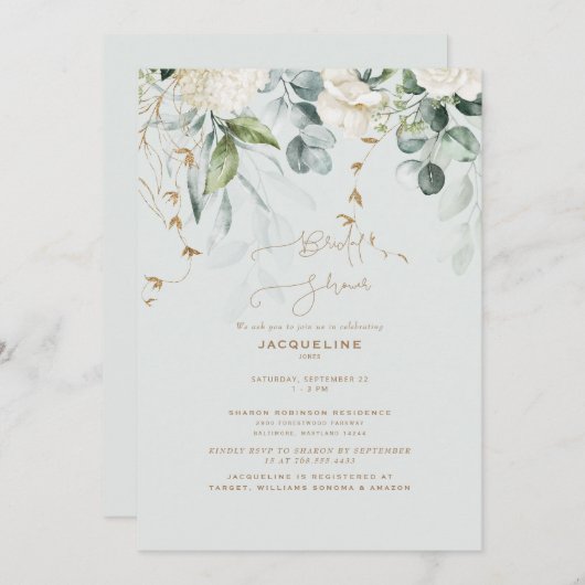 Elegantes White Hydrangea Light Sage Brautparty Einladung (Vorne/Hinten)