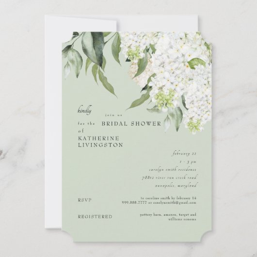 Elegantes White Hydrangea Light Sage Brautparty Einladung (Vorderseite)