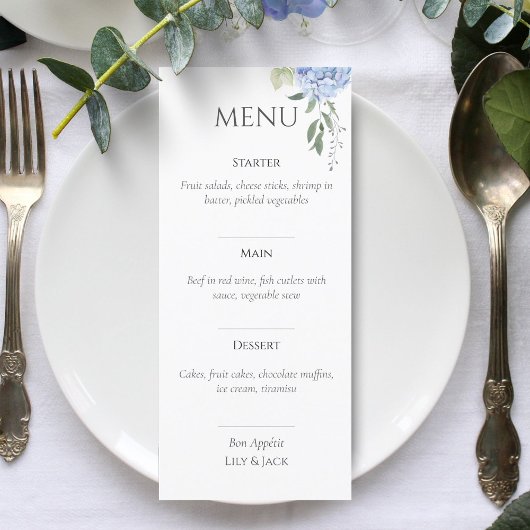 Elegantes White Hydrangea Wedding Menu Menükarte
