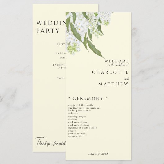 Elegantes White Hydrangea Yellow Wedding Program Menükarte (Vorne/Hinten)