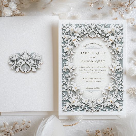 Elegantes White Iris Wedding Imitats in elegantem Einladung