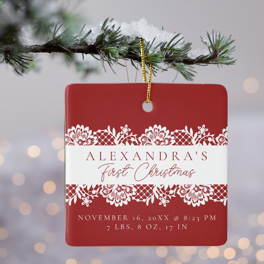 Elegantes White Lace Baby's First Christmas Foto Keramikornament