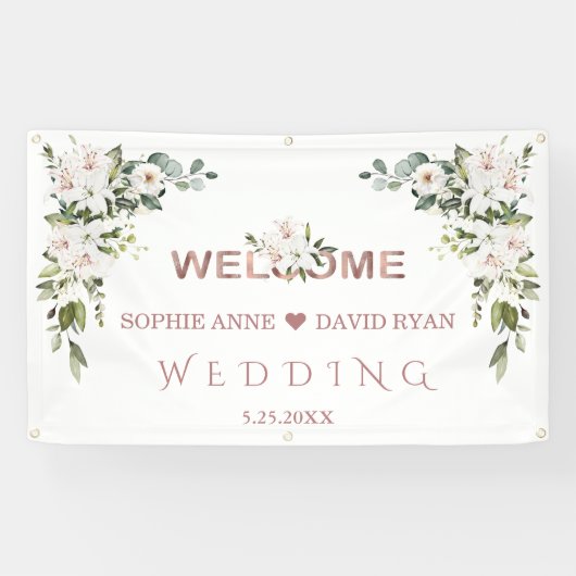 Elegantes White Lilies Wedding Gold Willkommenszei Banner (Horizontal)
