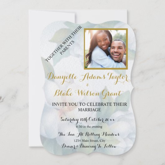 Elegantes White Magnolia Foto Hochzeit Einladung (Vorderseite)