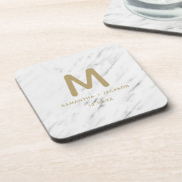 Elegantes White Marble & Gold Foil Wedding Monogra Getränkeuntersetzer