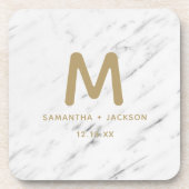 Elegantes White Marble & Gold Foil Wedding Monogra Getränkeuntersetzer (Vorderseite)