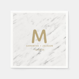 Elegantes White Marble & Gold Foil Wedding Monogra Serviette