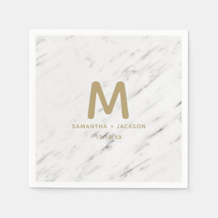Elegantes White Marble & Gold Foil Wedding Monogra Serviette
