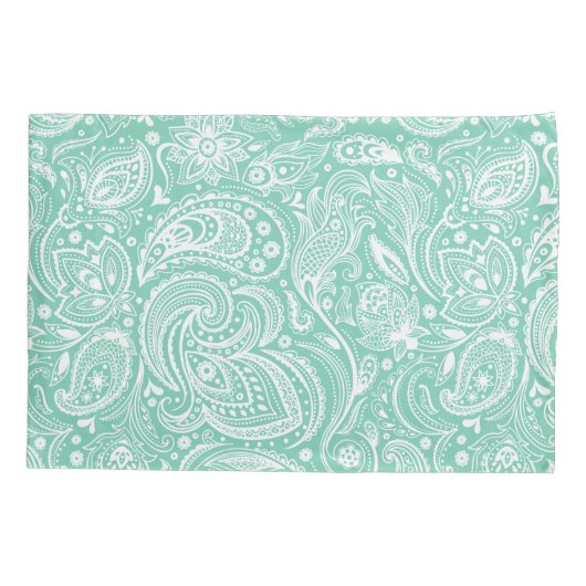 Elegantes White & Mint Floral Paisley Muster Kissenbezug (Rückseite)