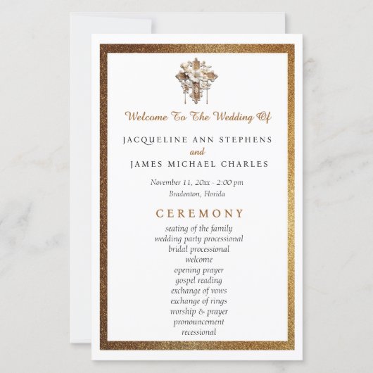Elegantes White mit Gold Trim Wedding Programm (Vorderseite)