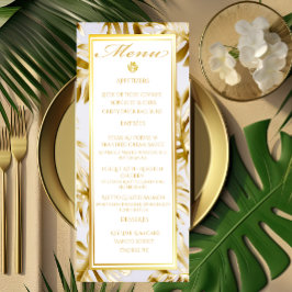 Elegantes White Monstera Gilded Gold Wedding Menü Menükarte