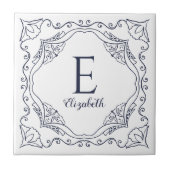 Elegantes White Navy Blue Decorative Name Monogram Fliese (Vorderseite)