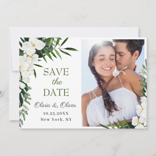 Elegantes White Orchid Bohemisch Floral Wedding FO Save The Date (Vorderseite)