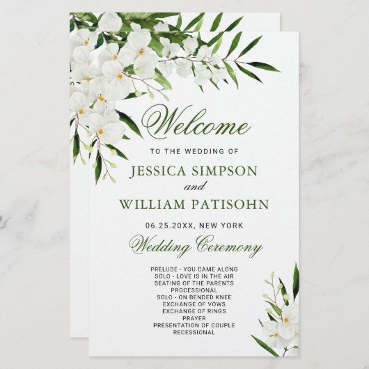 Elegantes White Orchid Boho Hochzeitsprogramm (Vorne/Hinten)
