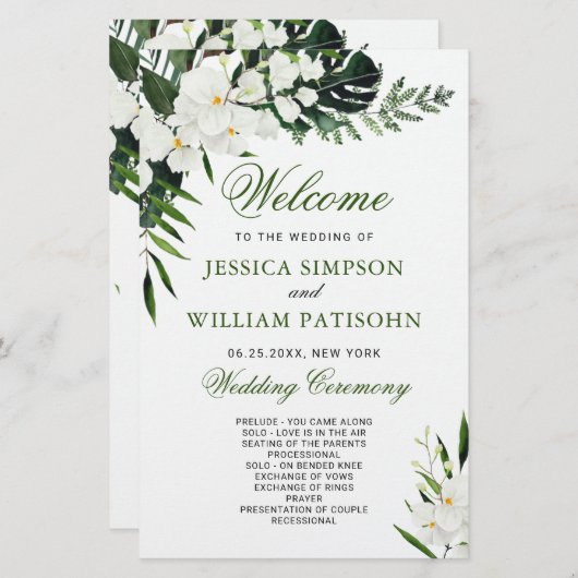 Elegantes White Orchid Boho Hochzeitsprogramm (Vorne/Hinten)