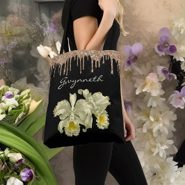 Elegantes White Orchids Gold Glitzer Tropfen Monog Tasche