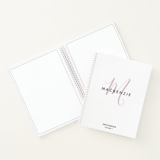 Elegantes White Pink Script Monogram Sketchbook Notizblock (Innenseite)