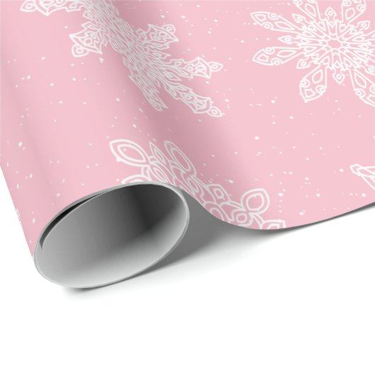 Elegantes White & Pink Snowflake Weihnachtsmuster Geschenkpapier (Rolleneckpunkt)