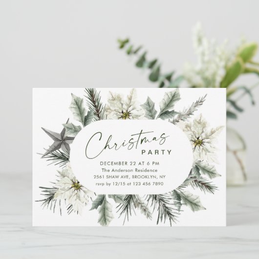 Elegantes White Poinsettia Bohemisches Weihnachtsf Einladung (Stehend Vorderseite)