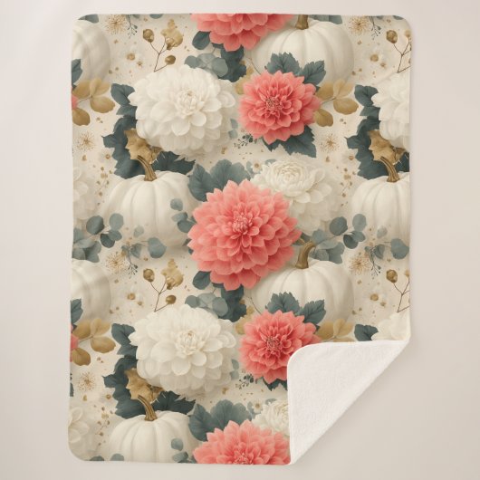Elegantes White Pumpkin und Dahlia Fall Design Sherpadecke (Vorderseite)