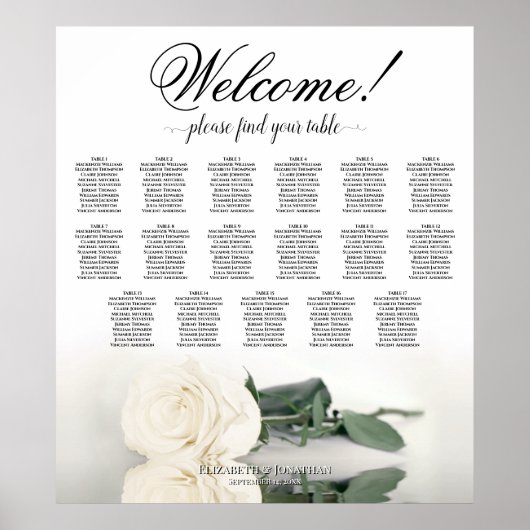 Elegantes White Rose 17 Tabelle Hochzeitstabelle Poster (Vorne)
