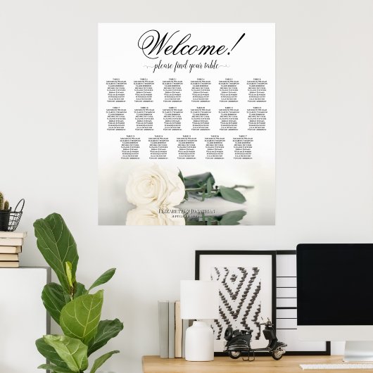 Elegantes White Rose 17 Tabelle Hochzeitstabelle Poster (Heimbüro)