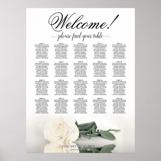 Elegantes White Rose 20 Table Wedding Seating Char Poster (Vorne)
