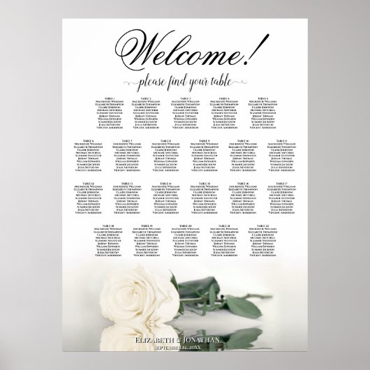 Elegantes White Rose 22 Tabelle Hochzeitstabelle Poster (Vorne)