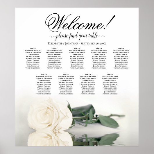 Elegantes White Rose 9 Tabelle Hochzeitstabelle Poster (Vorne)