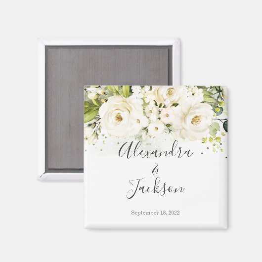Elegantes White Rose & Gold Cursive Wedding Magnet (Vorderseite/Rückseite)