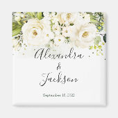 Elegantes White Rose & Gold Cursive Wedding Magnet (Vorne)