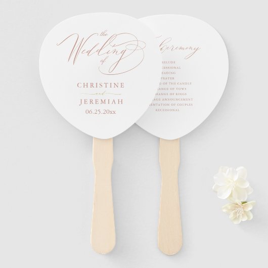 Elegantes White Rose Gold Script Wedding Programm Fächer (Vorne und Hinten)