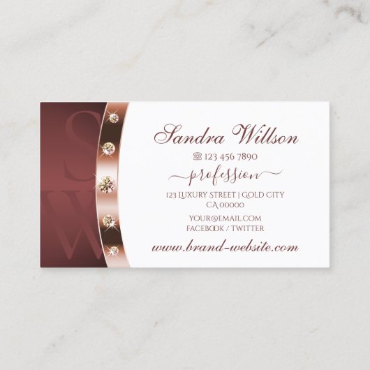Elegantes White Rose Gold und Burgund mit Monogram Visitenkarte (Rückseite)