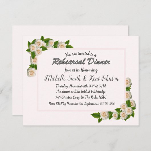 Elegantes White Roses Hochzeit Probe Dinner Einladung (Vorne/Hinten)