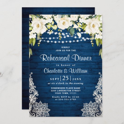 Elegantes White Roses Lace Rustikale Probe Abendes Einladung (Vorne/Hinten)