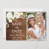 Elegantes White Roses Lace Wood Rustic Wedding FOT Save The Date (Vorderseite)