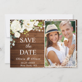 Elegantes White Roses Lace Wood Rustic Wedding FOT Save The Date